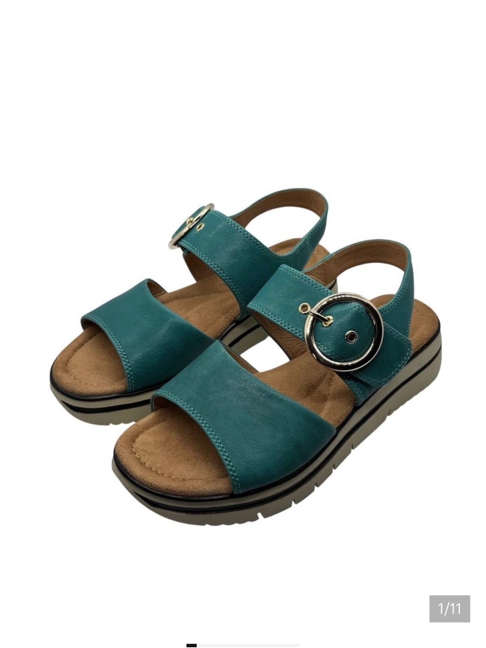 SALVIA ARLO Teal Sandals Silver Buckle Detail Low Wedge Leather Size   EU 38